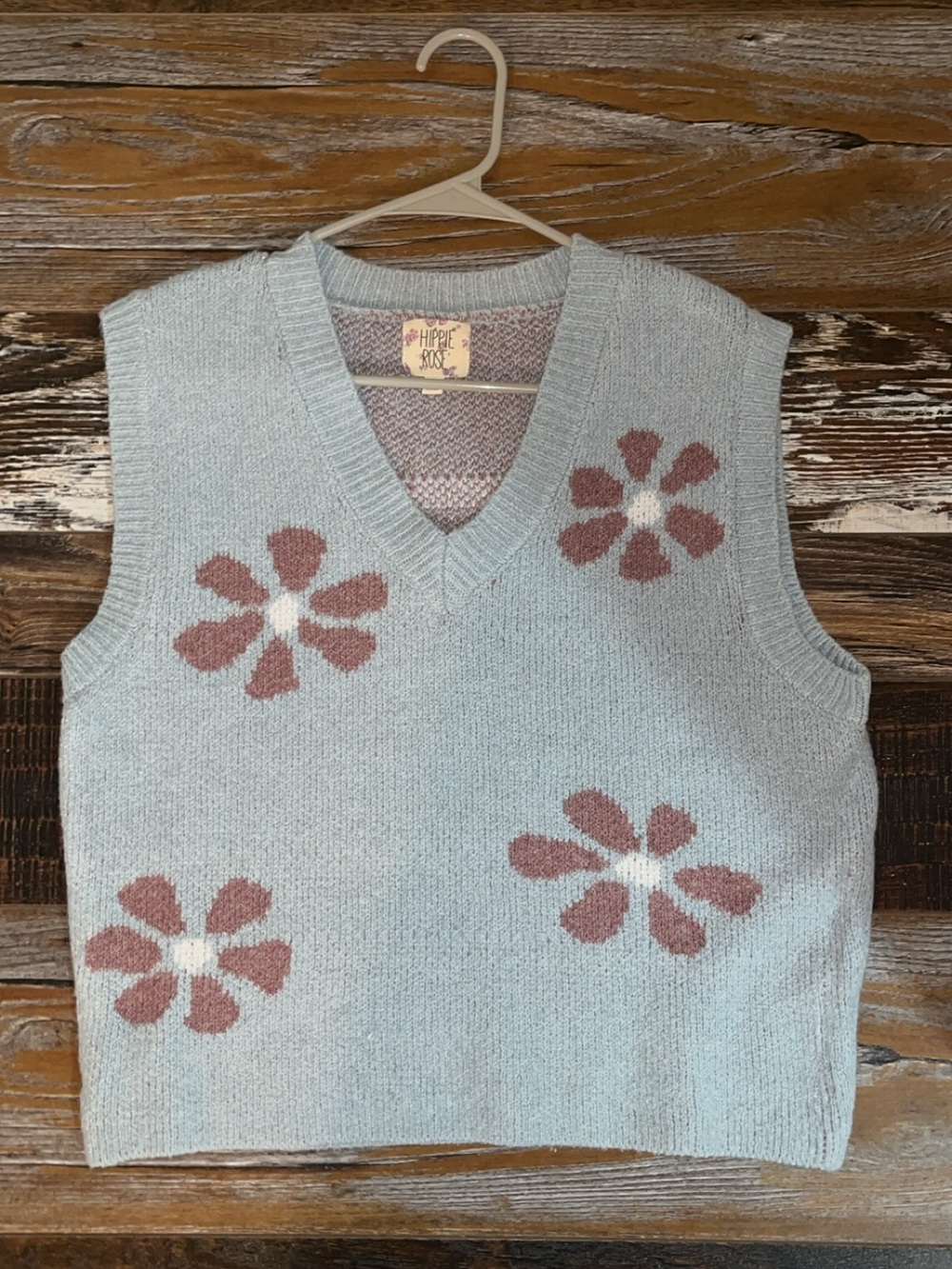 Hippie Rose Powder Blue V-Neck Floral Knit Sweater Vest